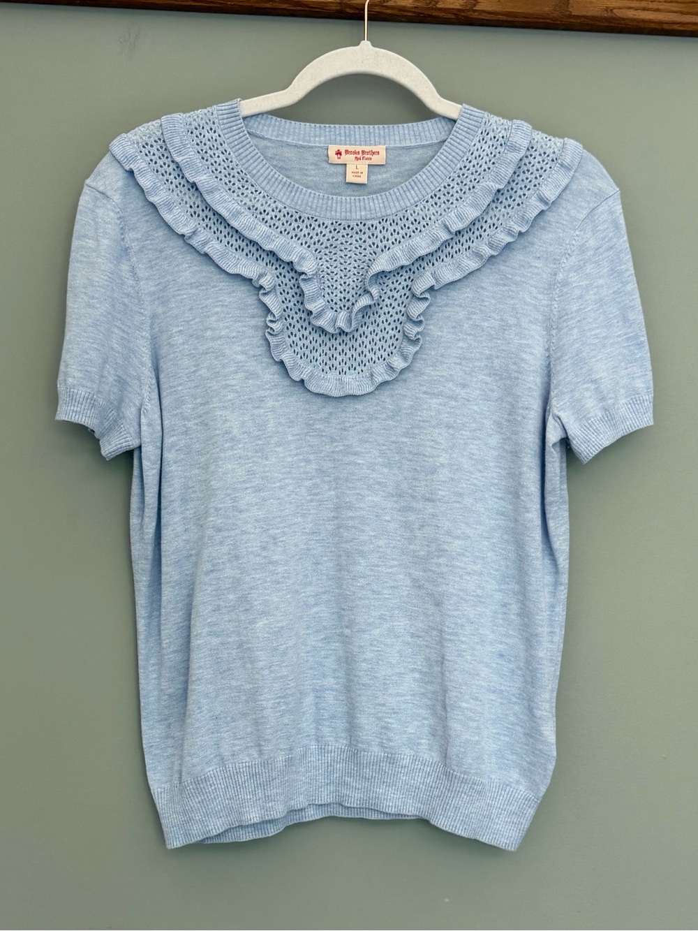 Brooks Brothers Red Fleece Blue Ruffle Yoke Knit Short Sleeve Sweater